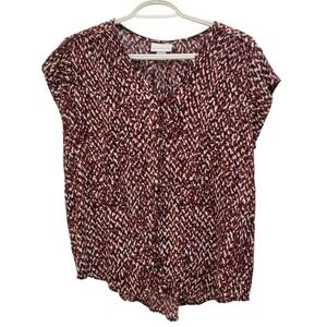 Liz Claiborne Blouse Top Button Down V Neck Abstract Print Casual L